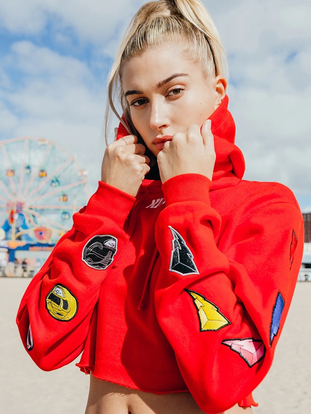 Kith Red Cropped Hoodie with Patch Embellishments